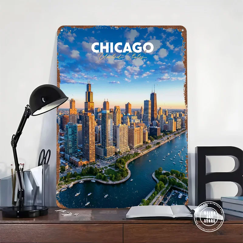 Chicago Skyline Tinplate Poster Custom Wall Art Vintage Metal Signs Retro Tin Plaque for Bar Accessories Living Room Decoration