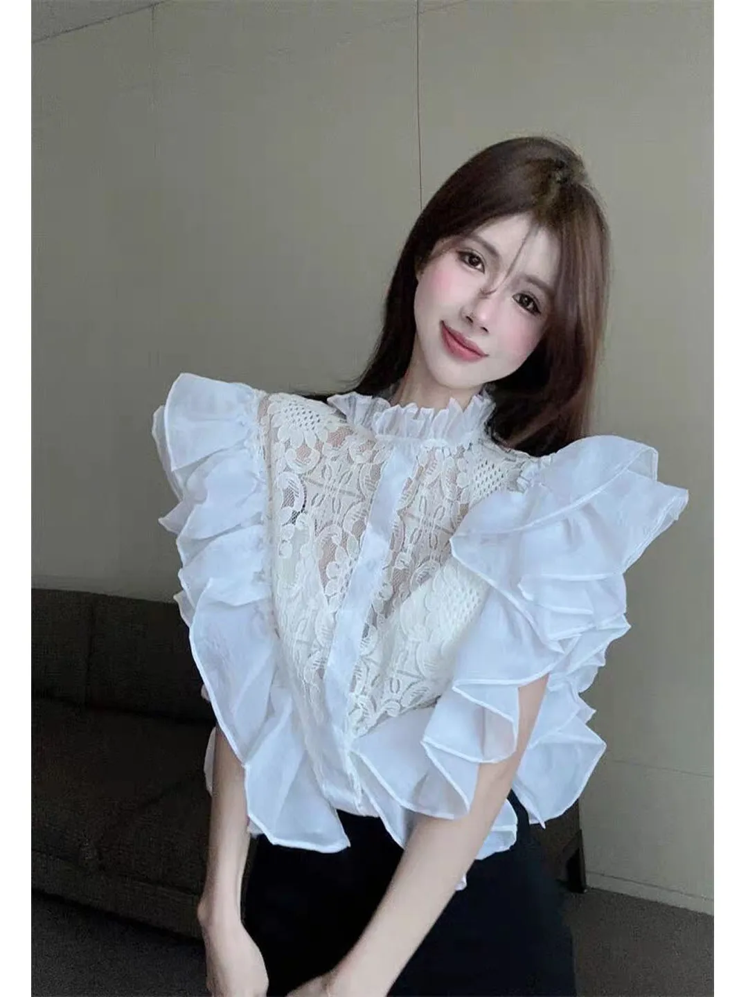

Elegant Lace Hollow out Bordered Shirt Women's High-End Sensual Summer Shirt Beautiful Top Korean Style Commute Style Loose Fit