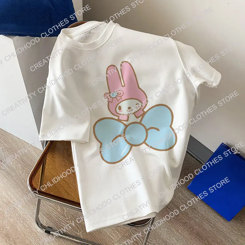 Melody Kuromi Cotton T-shirt Anime Sanrio Women T Shirts Kawaii Cartoons Casual Clothes Fashion Unisex Streetwear Oversized Tops