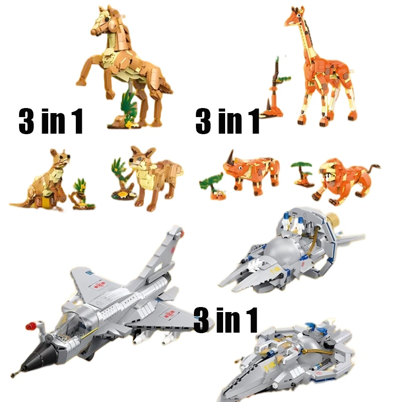 

3 in 1 Creative Series Horse Fox Kangaroo Building Blocks Airplane Wild Safari Animals Giraffe Peacock Bricks Toys For Boys Gift
