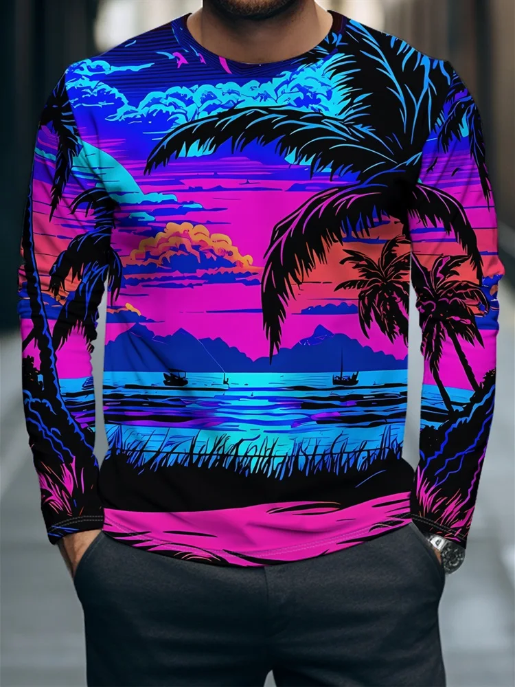 Men's Retro Neon Tropical Beach Long Sleeve T-Shirt Palm Tree Sunset Ocean Sailboat Graphic Tee Pullover Tops Gift New Summer
