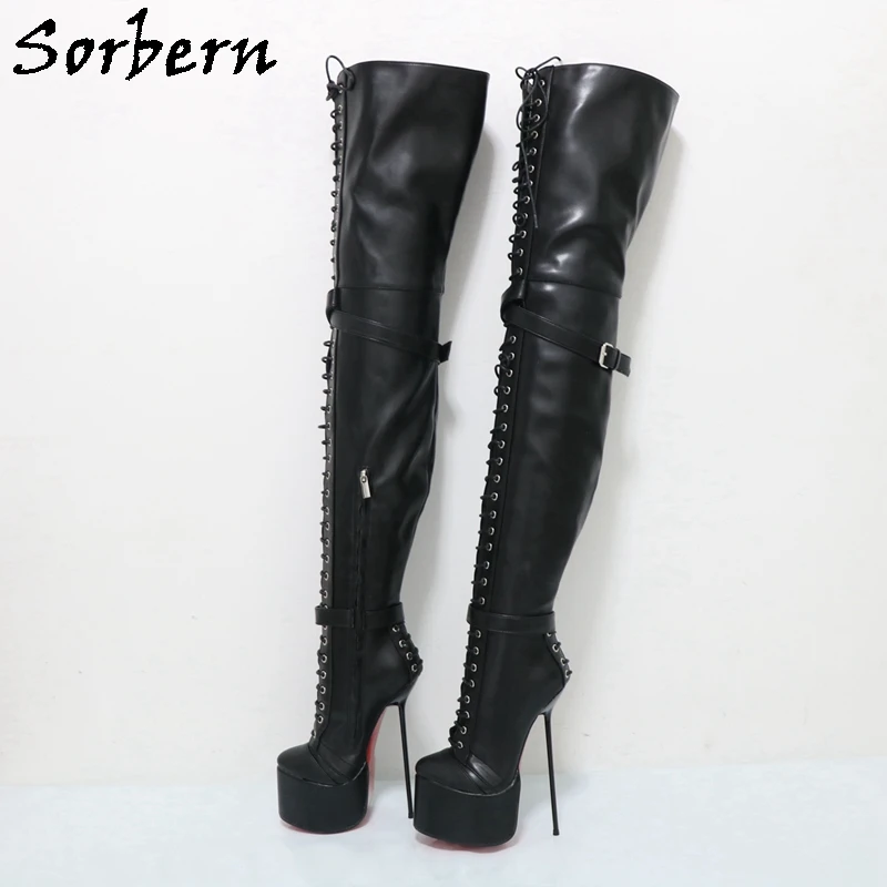 

Sorbern 17cm Thin High Heel Boots For Women Stilettos Round Toe Visible Platform Shoes Crotch Thigh High Lace Up Custom Legs