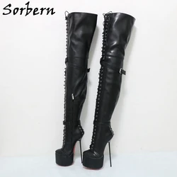 Sorbern 17cm Thin High Heel Boots For Women Stilettos Round Toe Visible Platform Shoes Crotch Thigh High Lace Up Custom Legs