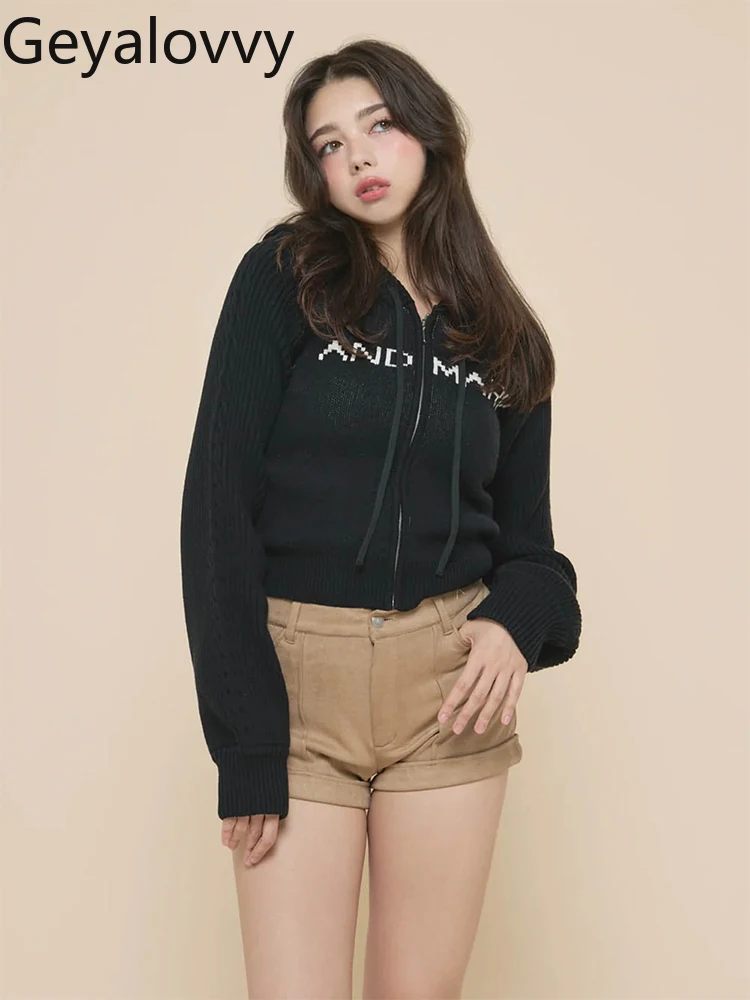 النمط الياباني الحلو متعدد الاستخدامات للفتيات رسالة الجاكار سستة محبوك كم طويل مقنع سترة قصيرة سستة + بروتيل