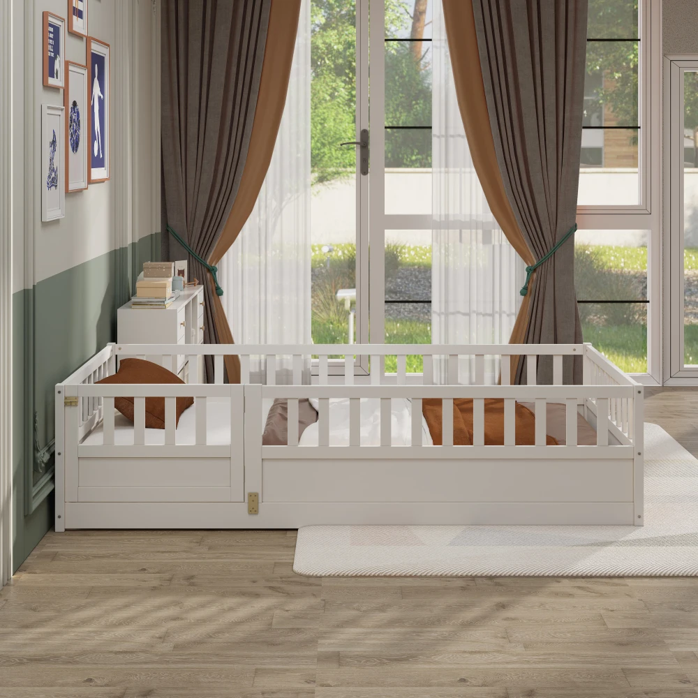 Twin Size Montessori Wooden Floor Bed: Integral Construction, High Security Barrier, Door (Patented White Model)
