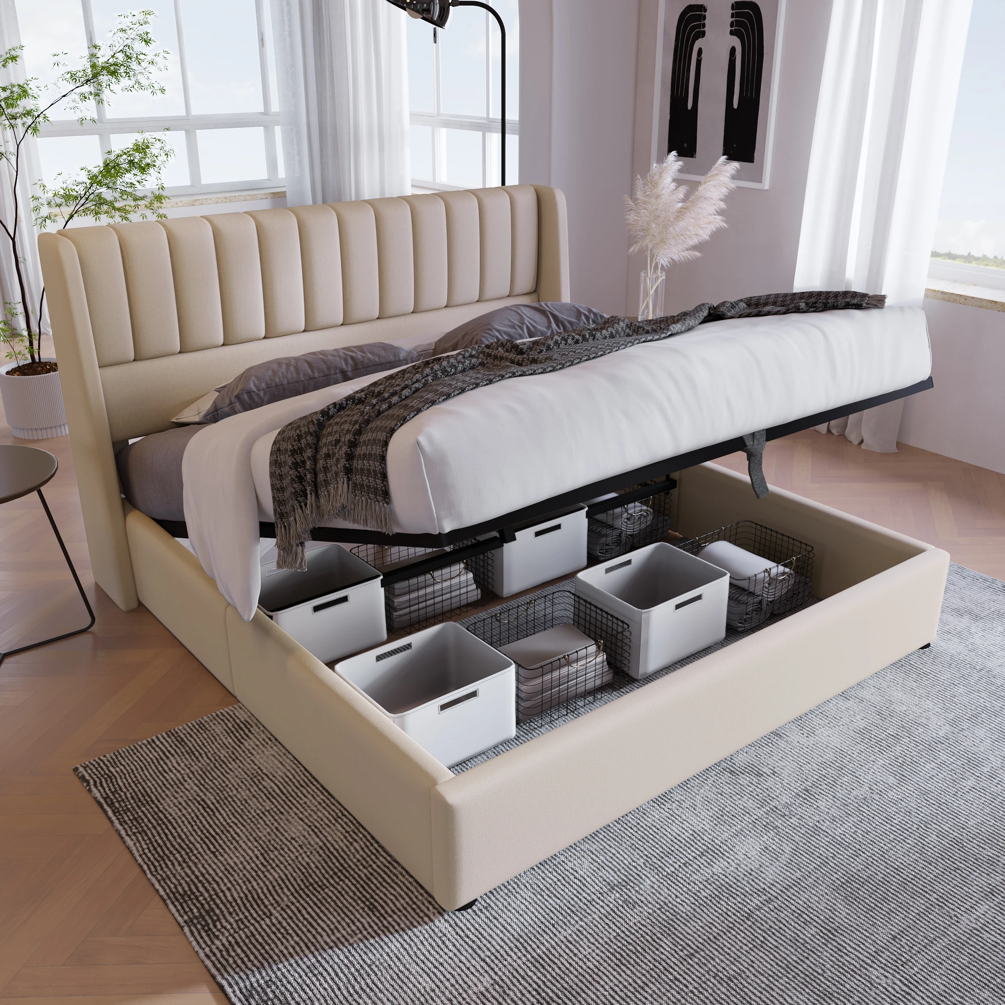 Lit Coffre 140x200 cm - Lit Double Capitonné avec Sommier - Design Moderne - Beige