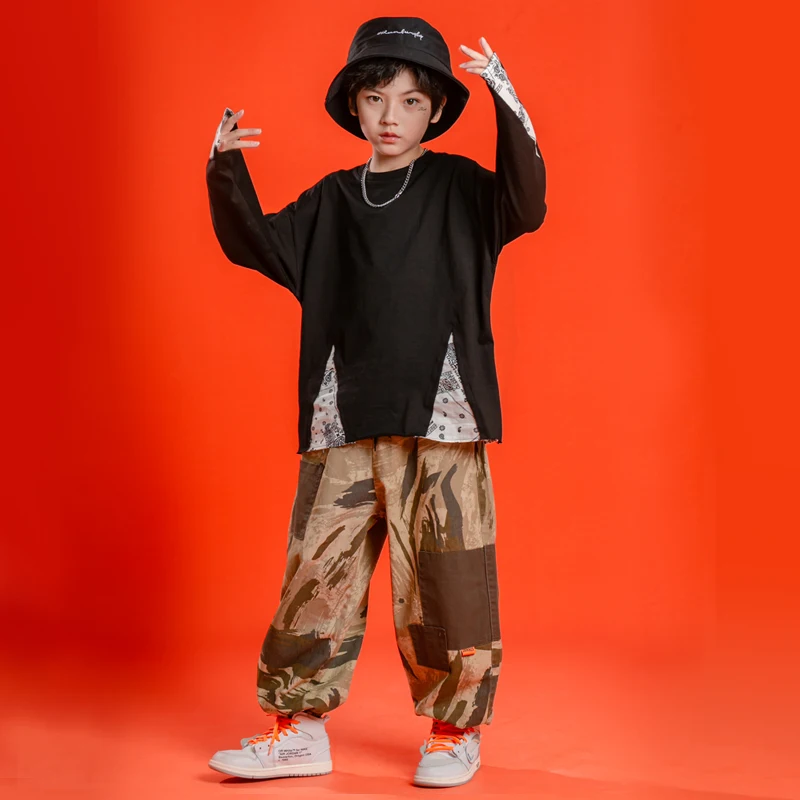 Kids Carnival Kpop Hip Hop Clothing Sweatshirt Tops Streetwear Cargo Camo Pants  For Girls Boys Jazz Dance Wear Costume Clothes