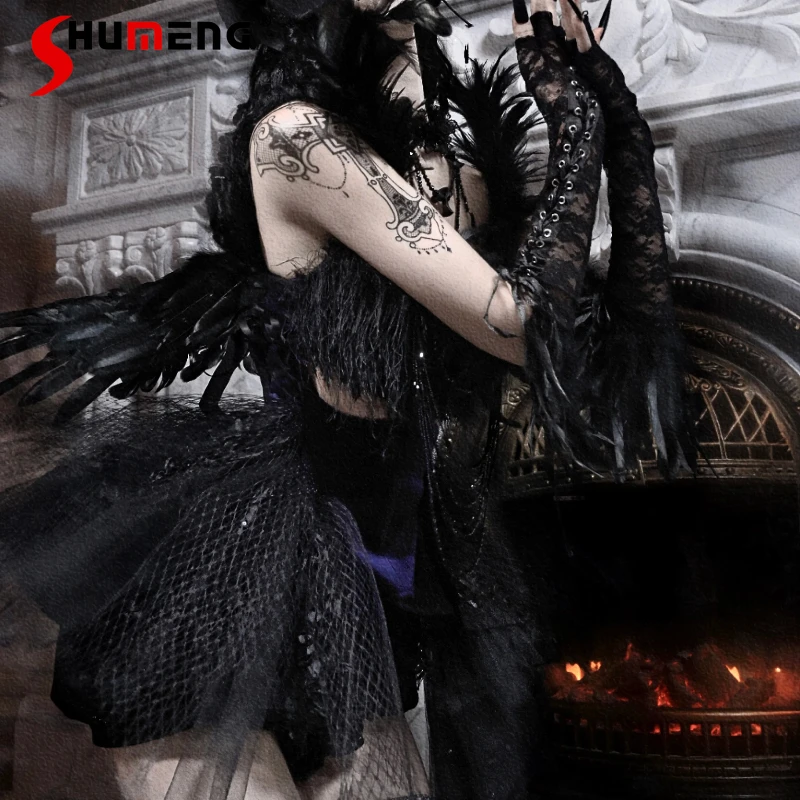 

New Japanese Dark Gothic Elegant Sparkling Diamond Black Feather Trailing Dress Ballet Halloween Outfit Waist-Cinching Dresses