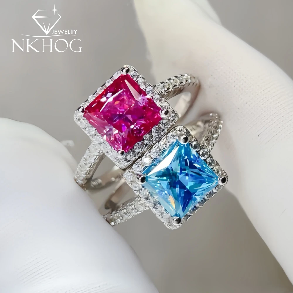 

NKHOG 1/2CT Princess Cut Moissanite S925 Silver Rings For Women Pink/Blue Lab Diamond Wedding Engagement Band Fine Jewelry Gifts