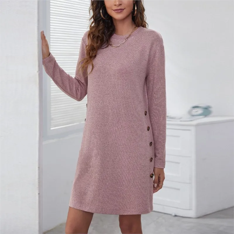 

Autumn Winter Round Neck Casual Button Spliced Long Sleeve Dress Women's Clothing Loose Simplicity Solid Fashion Commute Dress