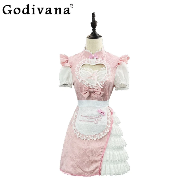 Chinese Style Improved Role Play Dress Women's National Style Maid Pink Dress Female Summer Cheongsam Cosplay Dress