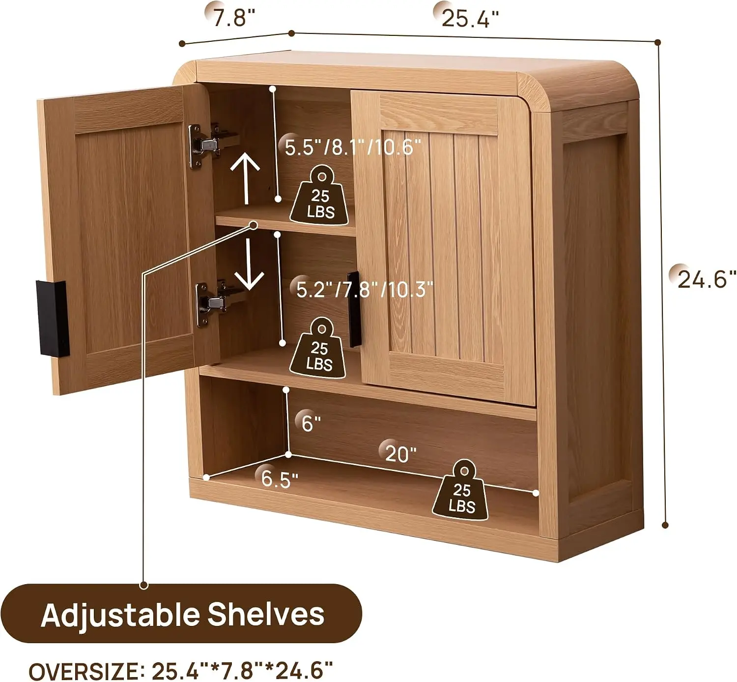25.4 Inch Bathroom Wall Cabinet Storage Organizer with Grooved Doors Open Shelf Medicine Hanging Cupboard