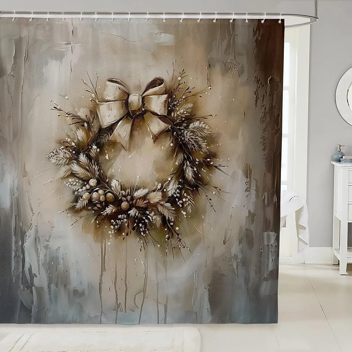 

Винтажная рождественская гирлянда для душа с рождественским бантом, водонепроницаемый декор для ванной комнаты в деревенском праздничном стиле