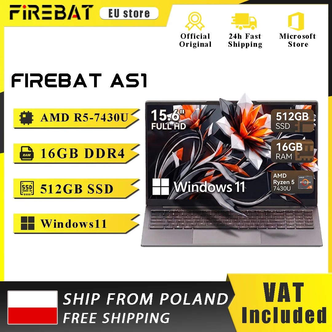 Firebat Laptop AS1 AMD R5 7430U 16 GB DDR4 512 GB SSD 15,6 Zoll Windows 11 Notebook Typ-C WIFI6 Tastatur mit Hintergrundbeleuchtung in voller Größe