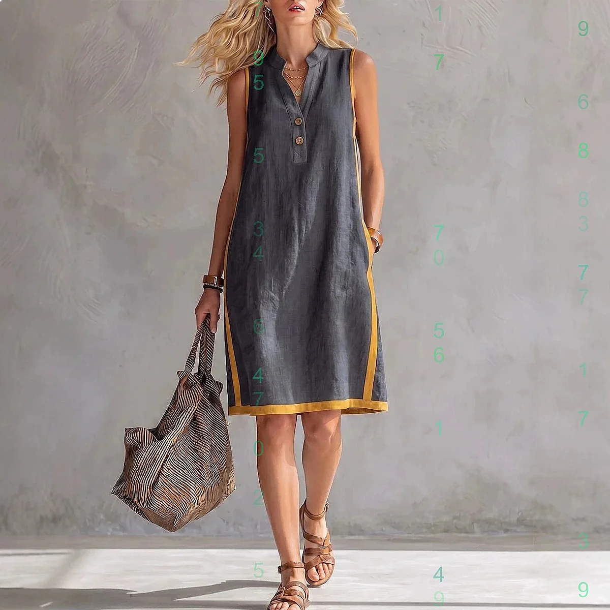 Damen Ärmelloses V-Ausschnitt-Kleid mit Knopf und Tasche, Lässiges Sommerkleid, Jumpsuit, Playsuit, Passendes Set