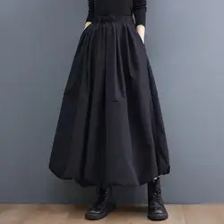 Women Maxi Skirt Balck Japanese Style Pockets Puff Skirts Womens Casual Elastic Waist Lace Up High Waist Pleated A-Line Skirt