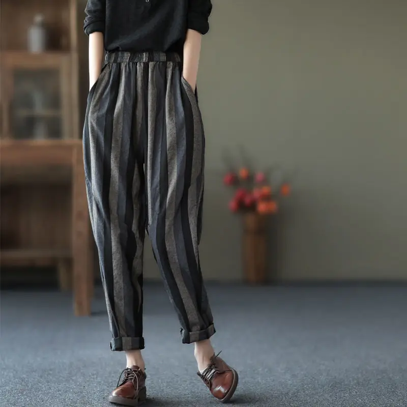 Cotton New Vintage Vertical Stripe Women's Trousers High Waist Loose Nine-point Casual Pants Women's Summer 2023 New