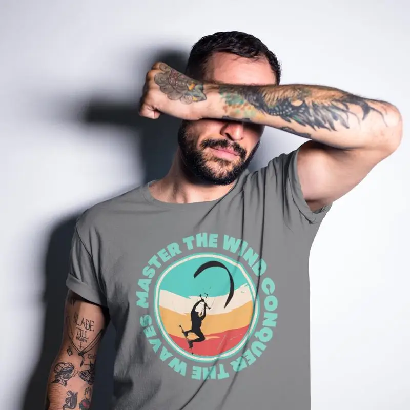 

Kitesurf T shirt with Quote Ride CONQUER THE WAVES Retro Beach Vacation Surfer Life Watersports Fashionable
