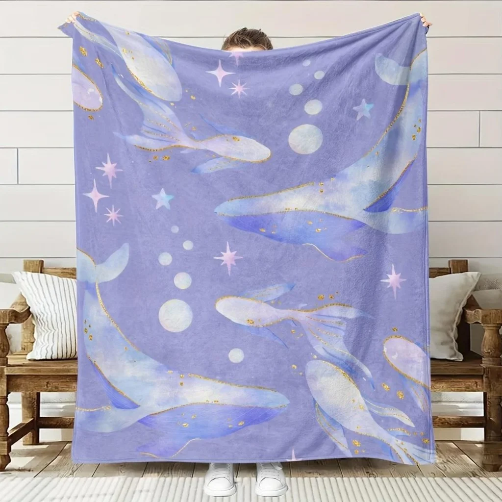 

1pc Luxury 280gsm Flannel Blanket - Soft Blue Whale & Stars Ocean Theme Throw in Lavender, All-Season CouchBedspread - Machine W
