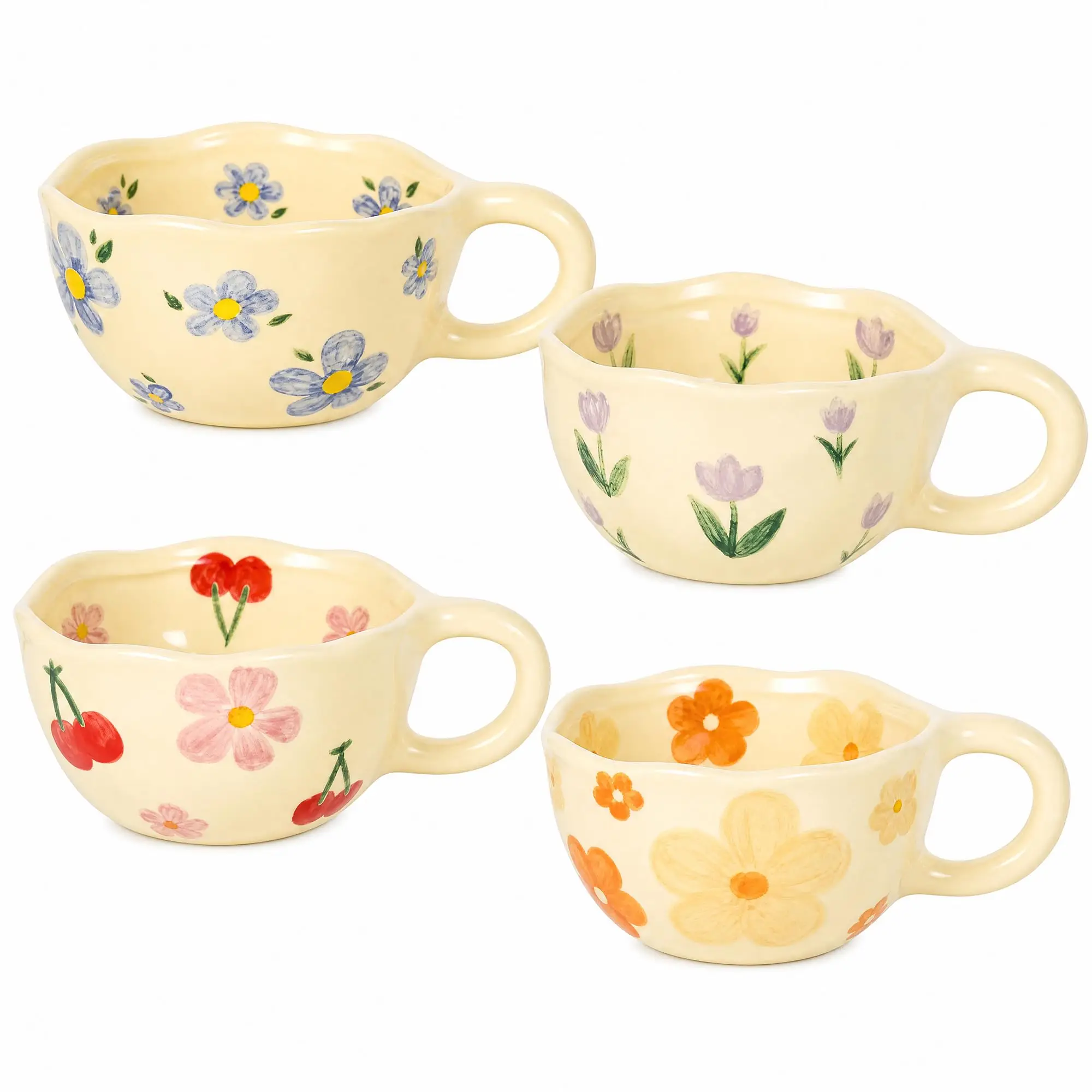 4 Pack Cute Hand Painted Floral Unique Coffee Mugs 5.3 X 2.4 Inch Wavy Rim Ceramic Cappuccino Cups In Blue Orange Pink Purple Flower Patterns Lovely Breakfast Tea Mugs For Home Cafe Gift