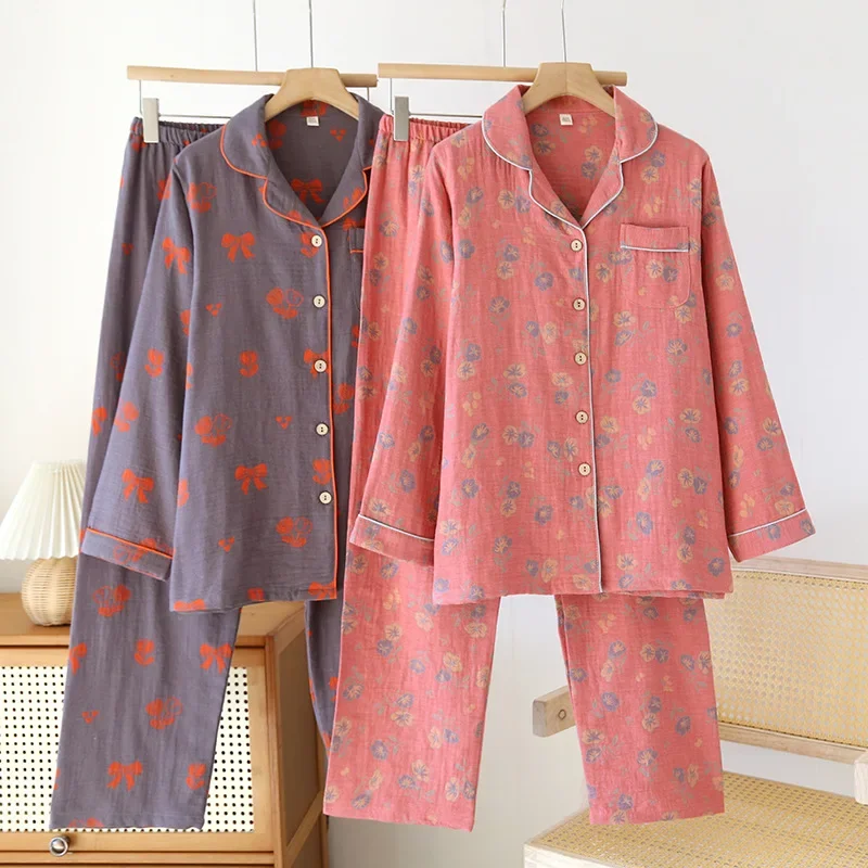 

New Vintage Women's Pajamas Cotton Yarn Long Sleeve Pants Sleepwear Lapel Cardigan Home Clothes Soft Casual Set Woman 2 Pieces