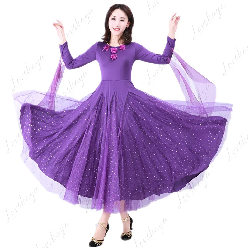 

Modern Dance Dress for Ballroom Dancing - Waltz Dance Outfit - Long-sleeved Sky-star Purple Dress