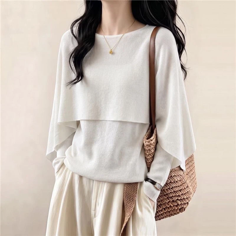 Early Autumn Cloak Shoulder Fake Two-Piece Loose Long Sleeve Overhead Commute Women's High-End Feeling Polyester Fiber