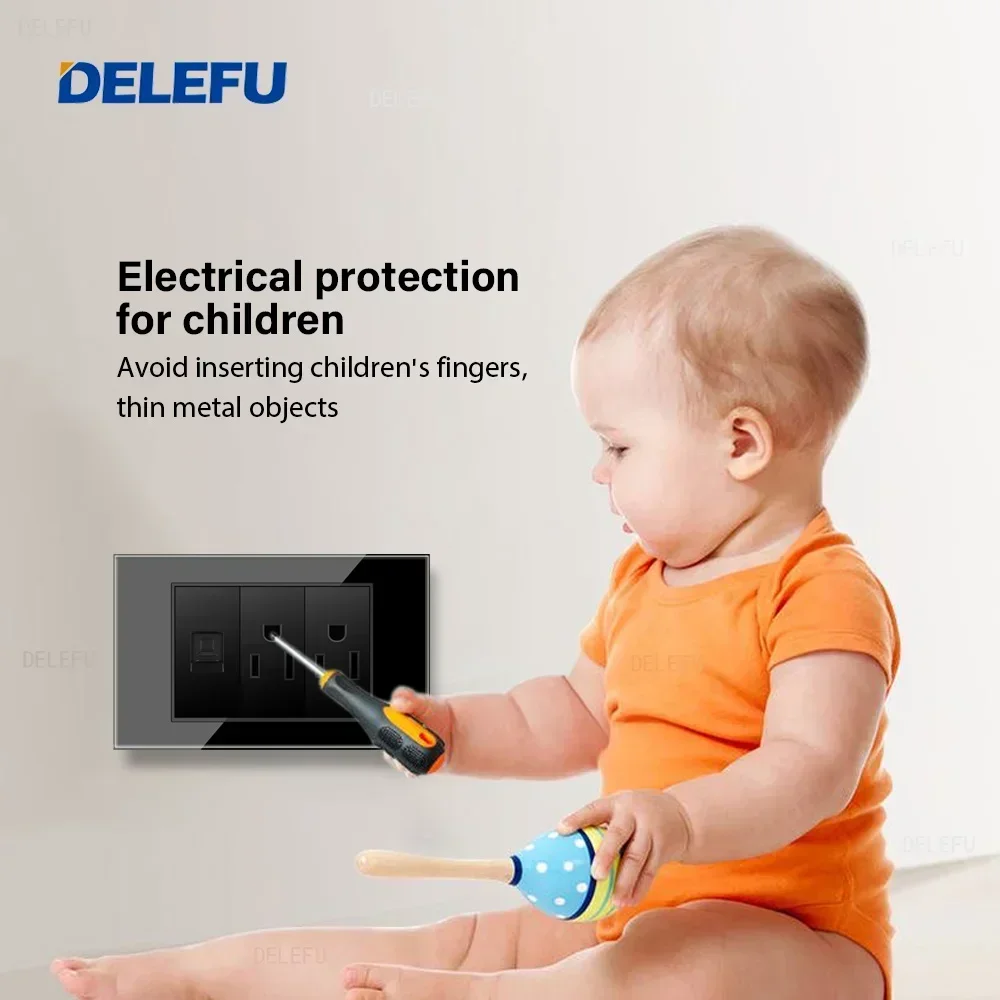 DELEFU glass black panel American Standard series 118*74mm wall computer combination socket switch