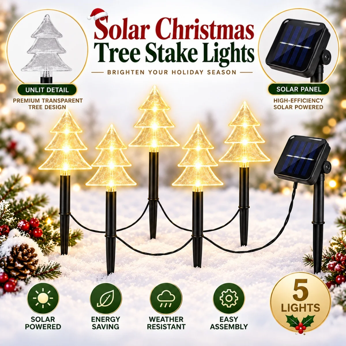 5pcs/set Star Deer Snowflake Bell Xmas Tree Shape Solar Powered Christmas Stake Light With 8 Modes For Garden Xmas Party Decor