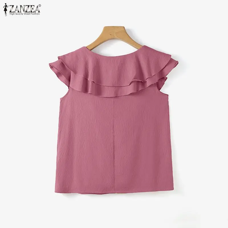 ZANZEA mode chemisier à volants femmes manches courtes col rond décontracté solide chemises 2026 élégant hauts ample élégant bureau dame OL tunique