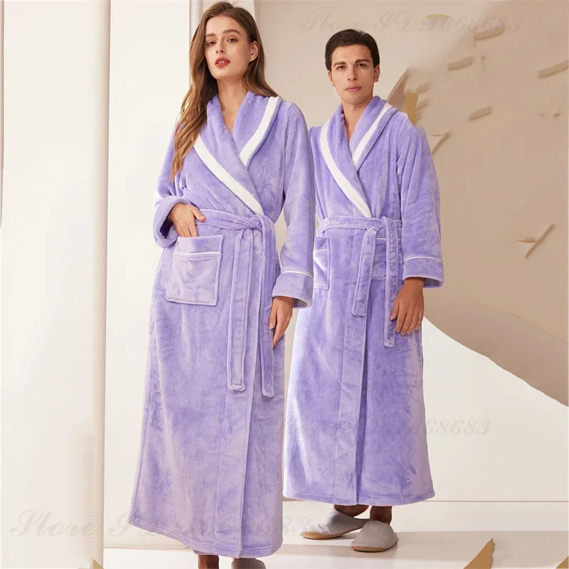 Large Size 3XL Autumn Winter Couple Sleepwear Flannel Men Long Robe Home Clothing Thicken Warm Coral Fleece Bathrobe Lounge Wear