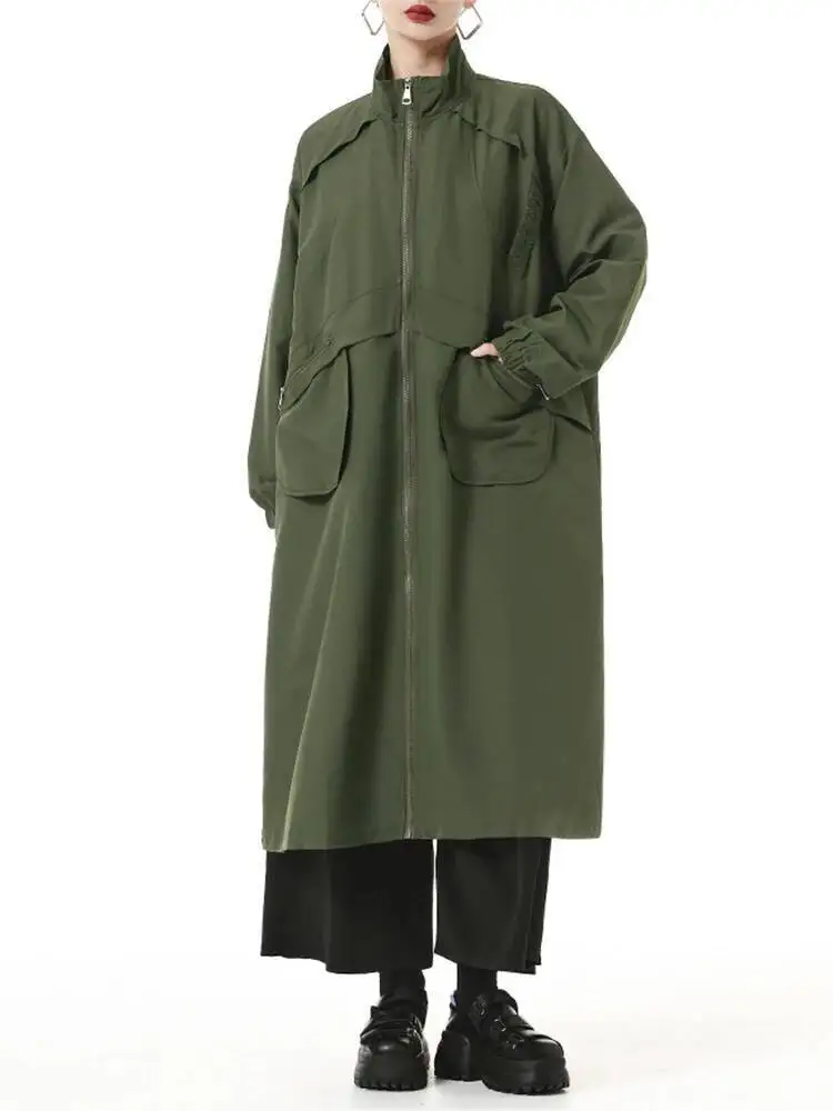 

Women Army Green Pocket Big Size Long Trench New Stand Collar Long Sleeve Windbreaker Fashion Spring Autumn