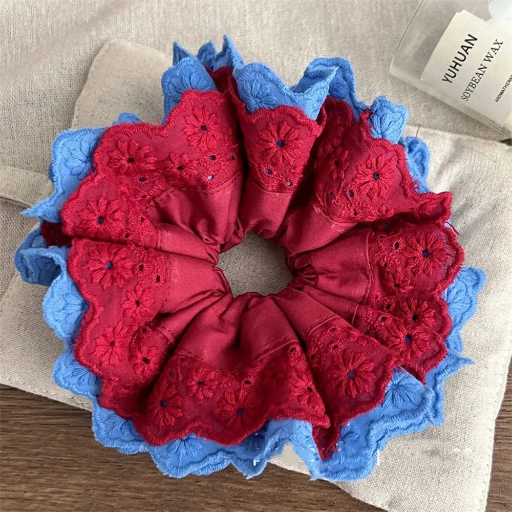 Flower Shape Lace Scrunchies Red Blue Oversize Embroidery Large Hair Scrunchies Hair Tie Cloth Exaggerated Hair Rope Daily