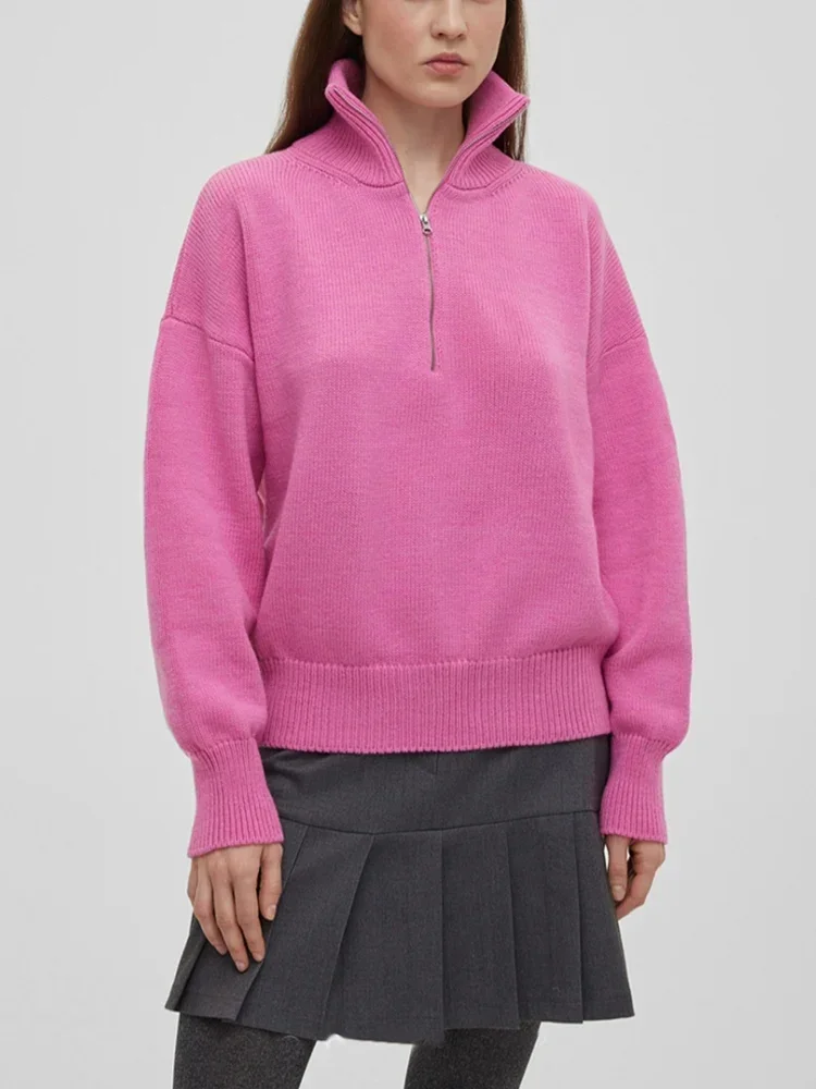 Frauen Pullover Oversize Zipper Gestrickte Pullover Lange Ärmel Einfarbig Lose Damen Pullover Herbst Winter frauen Rollkragen