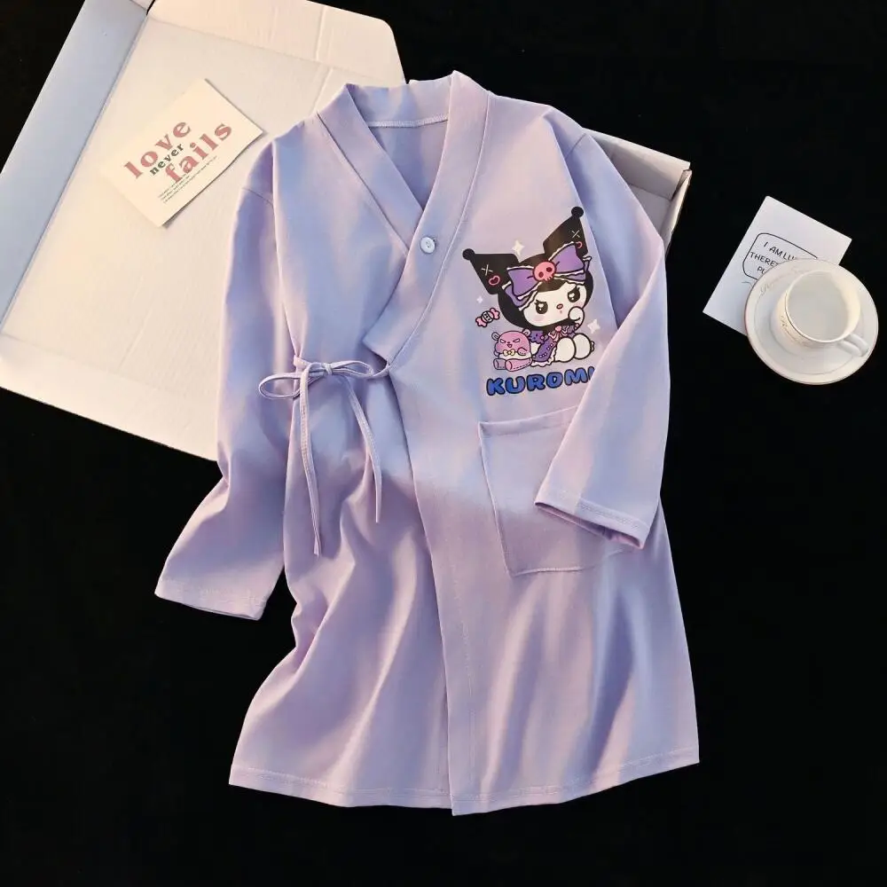 Sanrio Kuromi Hellokitty Bath Towel Nightgown Kid Long-Sleeved Pajamas Girls Kids Nightgown Cartoon Summer Home Clothes Bathrobe