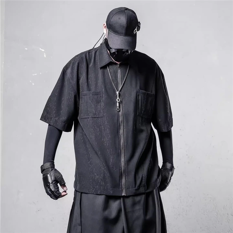 

Zipper Cargo Shirt Mens Streetwear Hip Hop Punk Short Sleeve Shirt Men Oversized Harajuku Vintage Casual Blouse Male