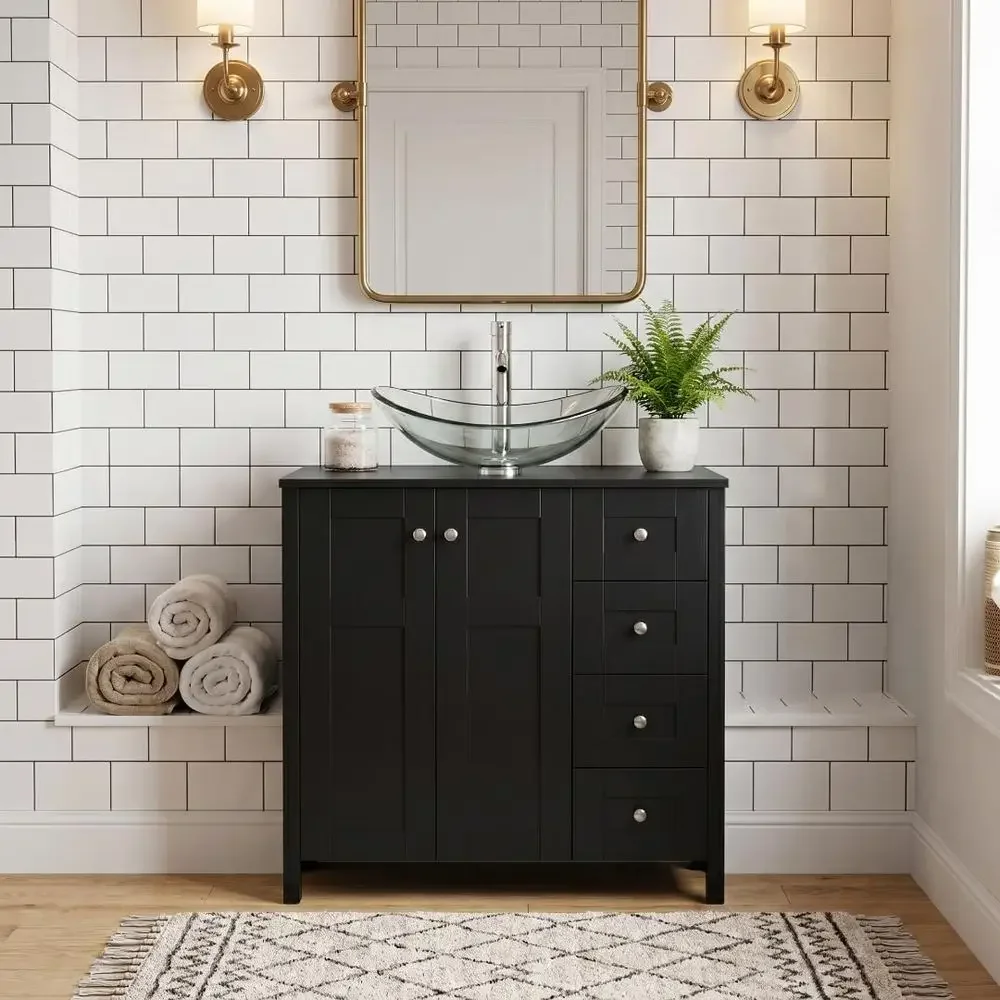 

Inch Black Bathroom Vanity, Traditional Standing Pedestal Cabinet with Clear Boat Glass Sink