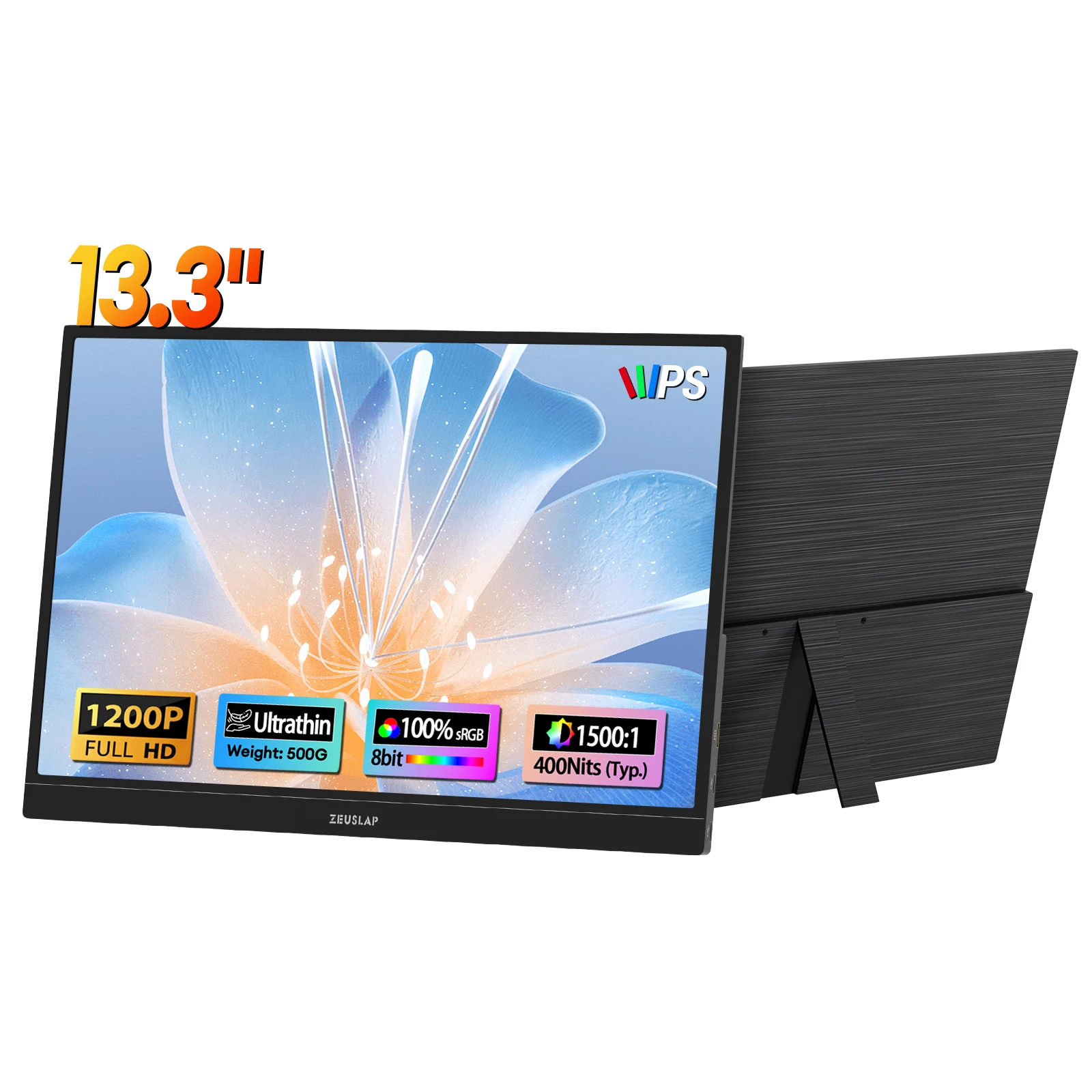 ZEUSLAP-Z13P 13.3" 16:10 400nits 100%sRGB Full HD 60Hz Portable Monitor for Laptop, Phone, Nintendo Switch, PC Extend Screen