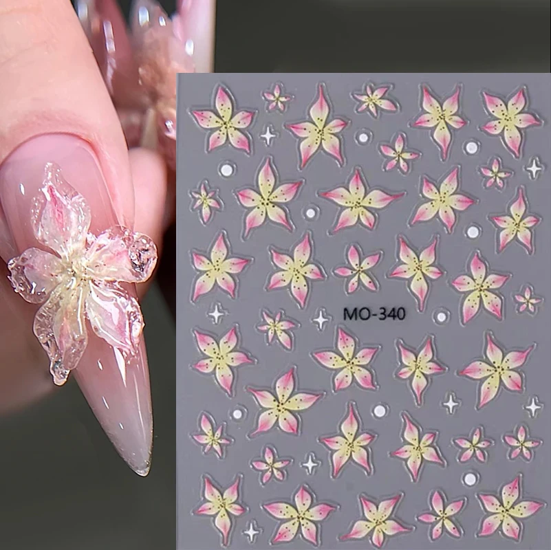 5D Embossed Nail Art Decals Purple Lily Florals Flowers Adhesive Sliders Nails Stickers Decorations For Manicure