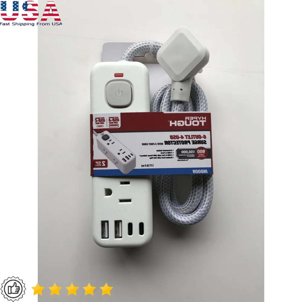 

Удлинитель с 6 розетками и 4 USB-портами, плетеный шнур длиной 3 фута, плоская вилка, защита от перенапряжения, электроника для домашнего офиса