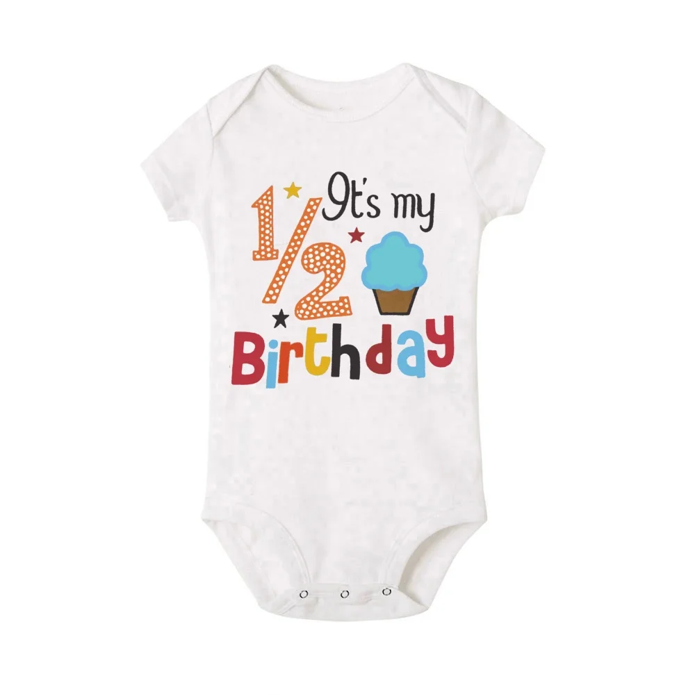 Pelele con estampado de pastel de cumpleaños para bebé, ropa de fiesta de cumpleaños para recién nacido, monos para niños pequeños, trajes de mameluco de manga corta para niños y niñas, 1/2