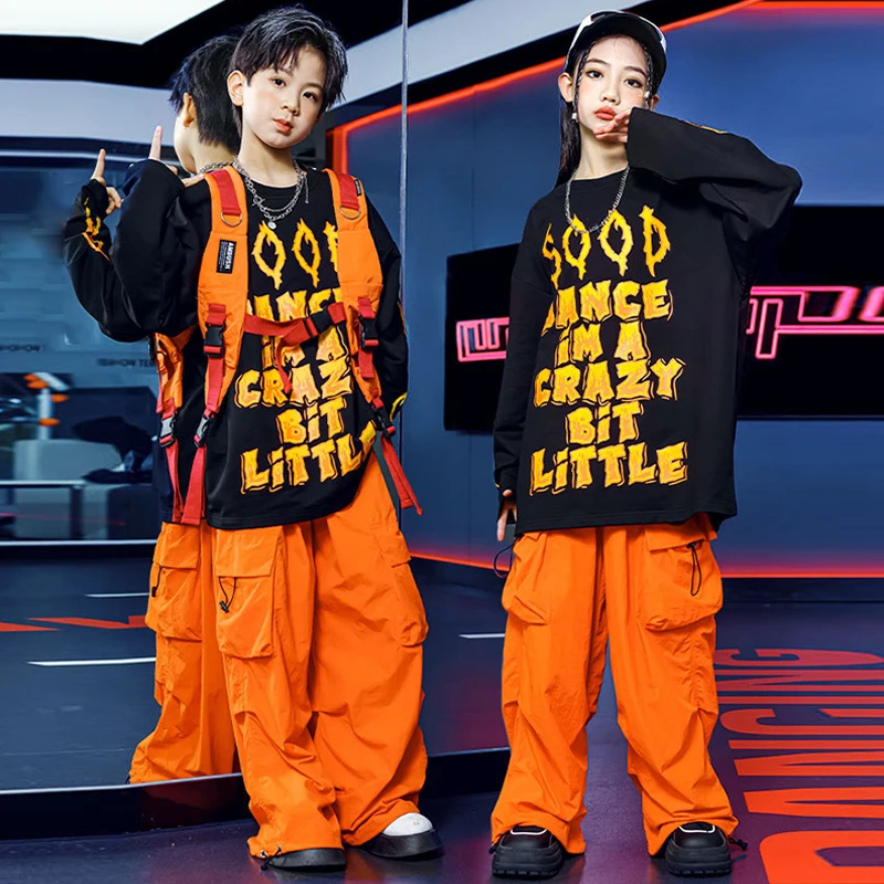 

Children Jazz Dance Wear Hip Hop Boys Costume Street Dance Outfit Girls Fashion Clothes Oversize Tops Orange Shuffle Pants 2344