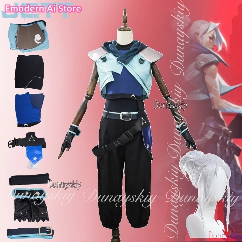 

VALORANT Game Jett Cosplay Duel Characters With The Blue Black Combat Uniform With White Horsetail Wig Cosplay Suit
