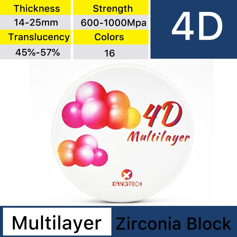 

XANGTECH 4D 45%-57% Translucent Multilayer 98mm 14-18mm Zirconia Block For Dental Laboratory