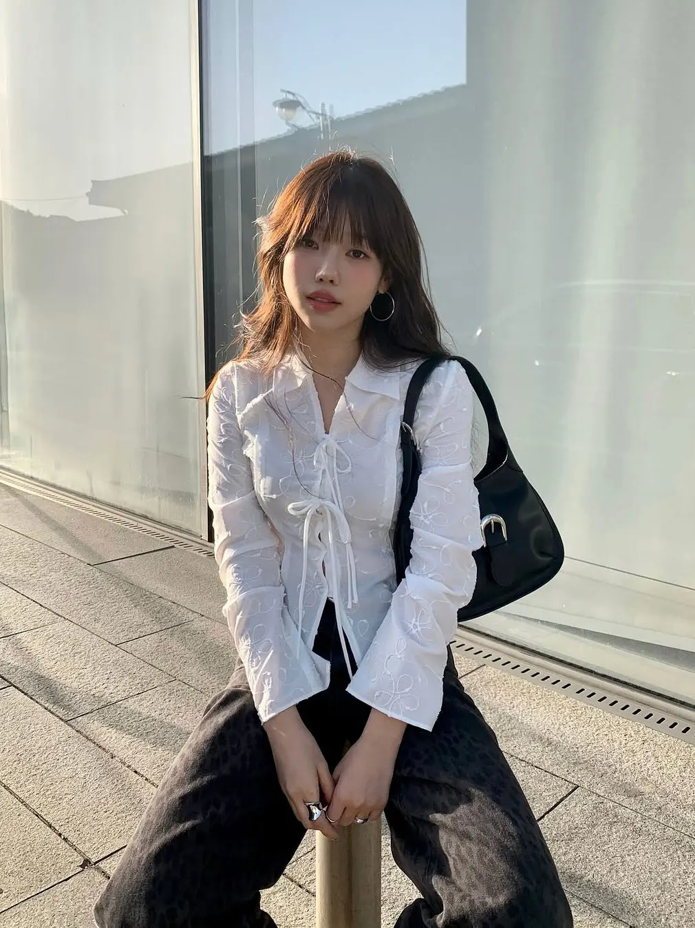 

Nok Xiaola Authentic Brand RA Emed Flower Long Sve irt Belted Straight Cut Polyester Fiber Women's irt