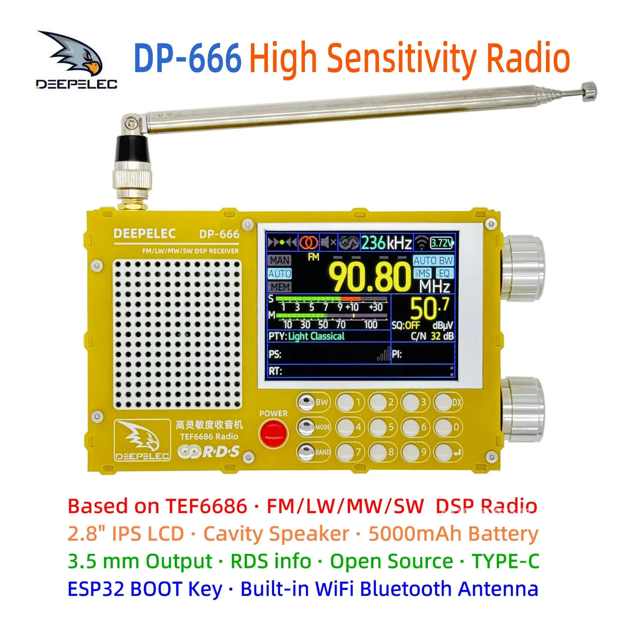 DP-666 TEF6686 Radio High Sensitivity Full Band FM AM LW MW SW Shortwave ESP32 RDS 2.8 inch IPS LCD DEEPELEC