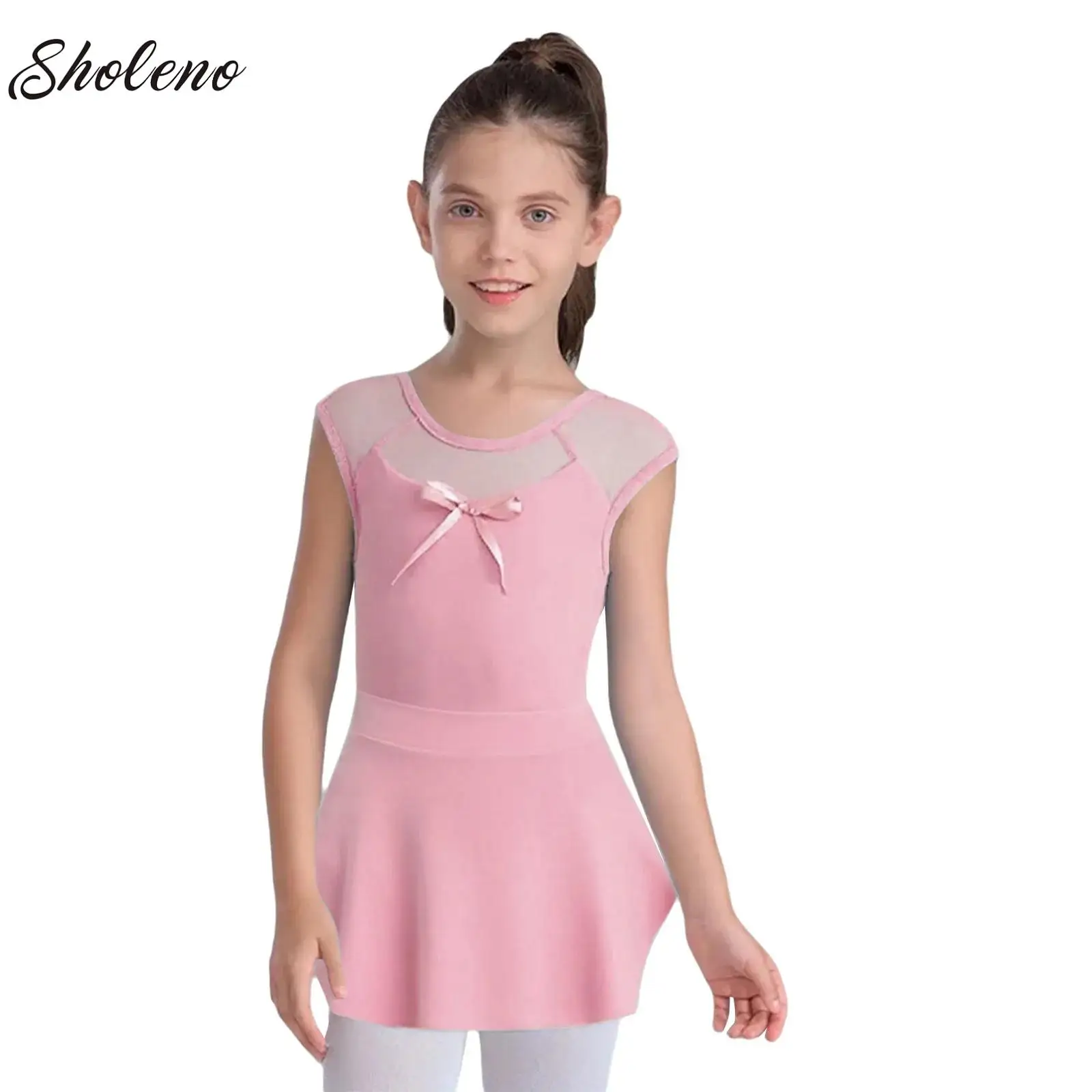 

Teens Girl Ballet Jersey Dance Leotard Sleeveless Knot Cutout Gymnastics Bodysuit+Skirt Outfit Kid Training Performance Bodysuit