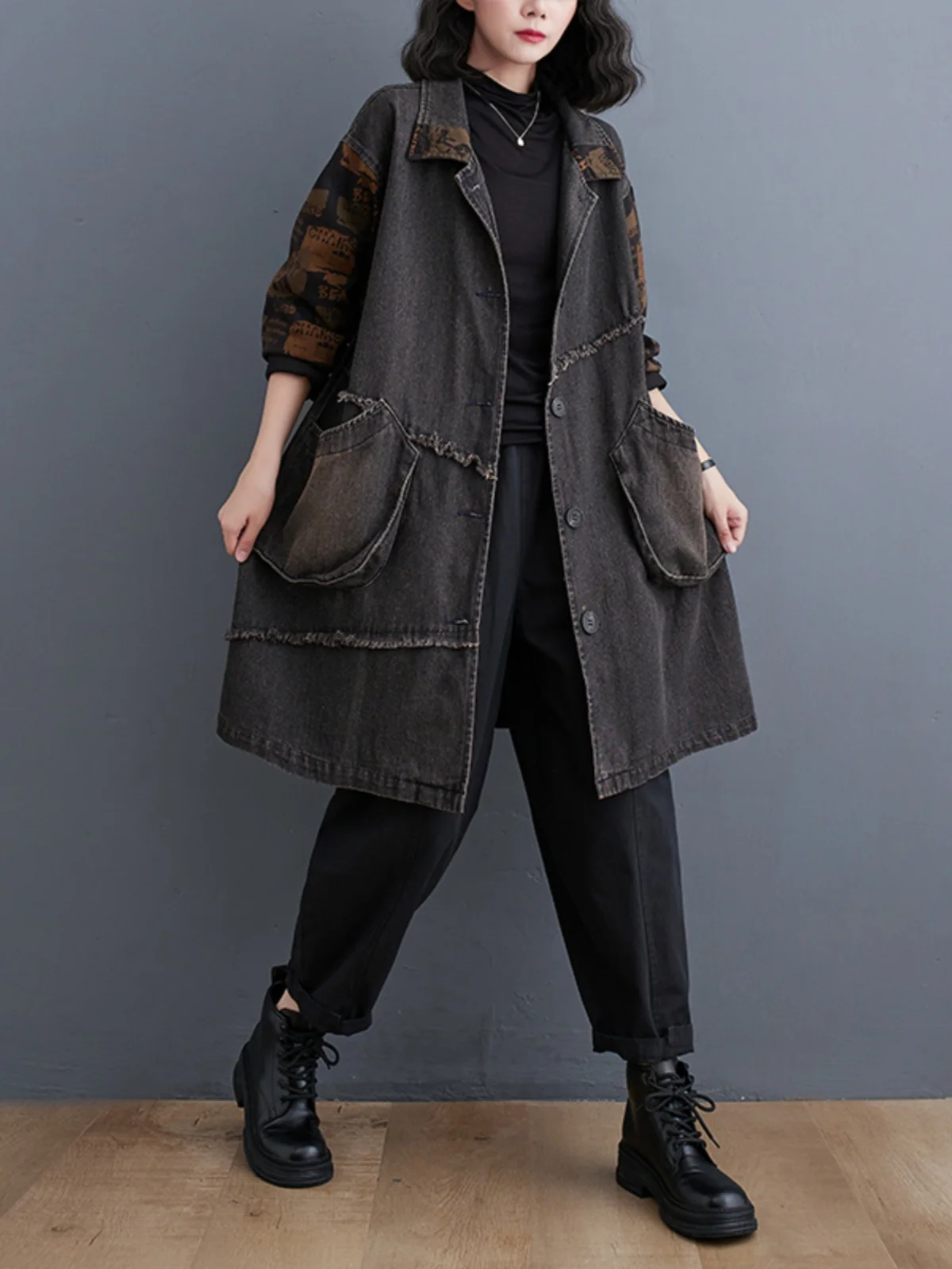 

Retro Waed Large Size Denim Jaet Casual Loose Slimming Jeans Sle Coat Korean Version Collar Long Sve Mid-Length