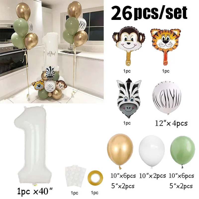 26pcs 40inch Number Animal Foil Balloons 1st Birthday Party Decorations Kids Boy Girl 1 2 3 4 5 6 7 8 9 Year Old Safari Supplies