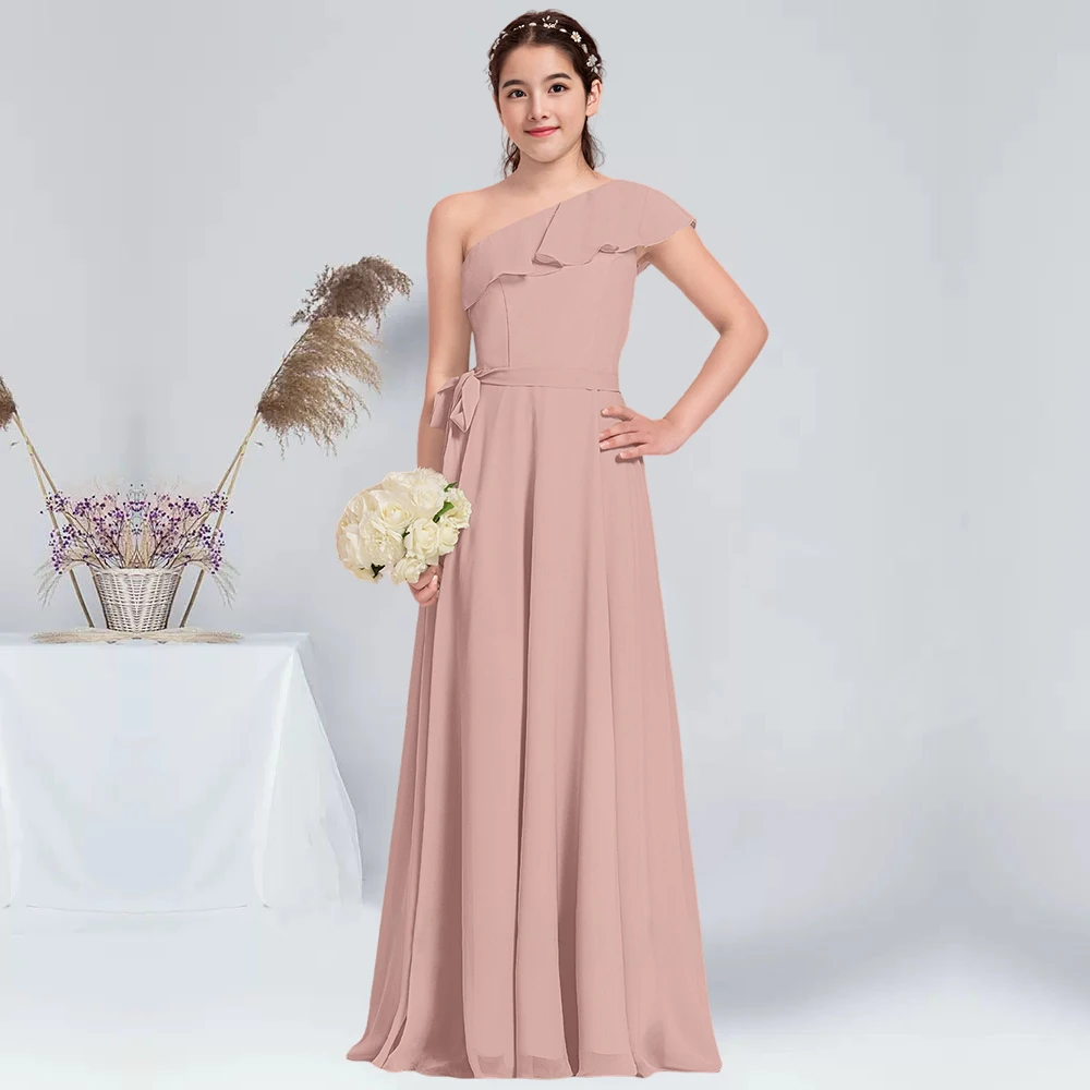 A linha de um ombro Andar de comprimento Chiffon Vestido dama Júnior Com Cascading Ruffles Verão Champagne Flower Girl Dress